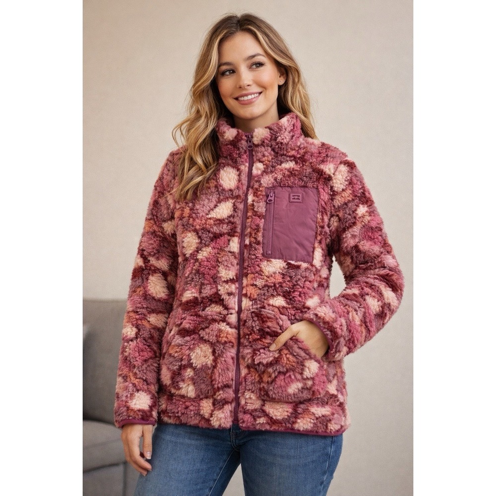 Billabong Dusty Mauve Floral Sherpa Fleece Full Zip Jacket Womens L Cozy Teddy